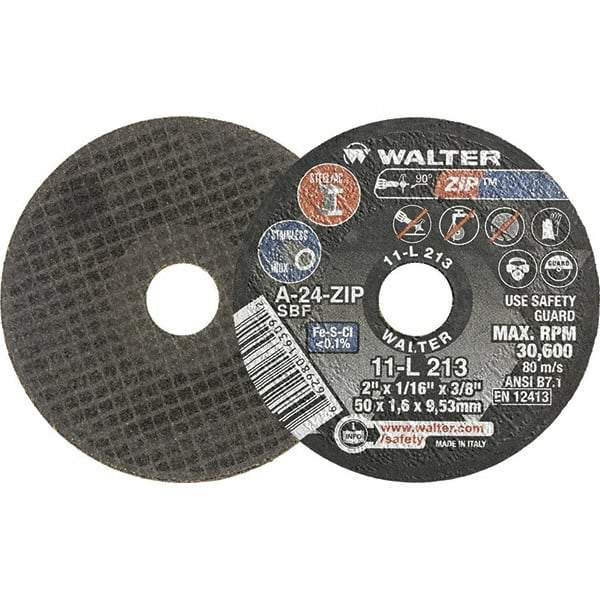 WALTER Surface Technologies - 2" 24 Grit Aluminum Oxide Cutoff Wheel - 1/16" Thick, 3/8" Arbor, 31,000 Max RPM, Use with Die Grinders - Exact Tool & Supply