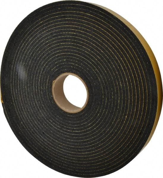 Made in USA - 1/4" Thick x 1-1/2" Wide x 50' Long Black Open Cell Natural Foam Rubber Roll - Stock Length, Adhesive Back, 24 to 30 Lb/Cu Ft Density, -20°F to 160°F - Exact Tool & Supply
