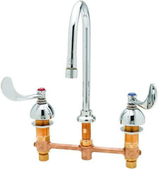 T&S Brass - Faucet Mount, Deck Mount Faucet without Spray - Two Handle, Wrist Blade Handle, Spread Rigid Gooseneck Spout, No Drain - Exact Tool & Supply