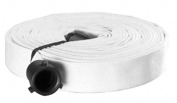 Made in USA - 1-1/2" ID x 1-3/4" OD, 150 Working psi, White Polyester/Rubber Fire Hose, Single Jacket - 1-1/2" NH/NST Ends, 50' Long, -40 to 150°F,450 Burst psi - Exact Tool & Supply