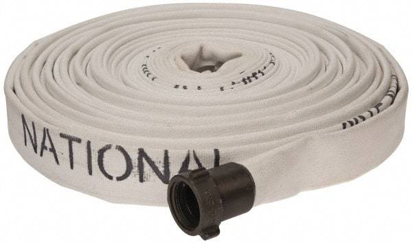 Made in USA - 1-1/2" ID x 1-3/4" OD, 150 Working psi, White Polyester/Rubber Fire Hose, Single Jacket - 1-1/2" NH/NST Ends, 100' Long, -40 to 150°F,450 Burst psi - Exact Tool & Supply