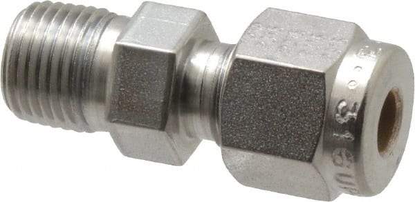 Parker - 3/16" OD, Stainless Steel Male Connector - -425 to 1,200°F, 7/16" Hex, Comp x MNPT Ends - Exact Tool & Supply