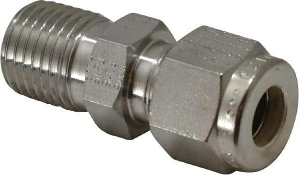 Parker - 5/16" OD, Stainless Steel Male Connector - -425 to 1,200°F, 9/16" Hex, Comp x MNPT Ends - Exact Tool & Supply