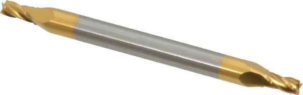 SGS - 5/64", 1/8" LOC, 1/8" Shank Diam, 1-1/2" OAL, 4 Flute, Solid Carbide Square End Mill - Double End, TiN Finish, Spiral Flute, 30° Helix, Centercutting, Right Hand Cut, Right Hand Flute, Series 14 - Exact Tool & Supply