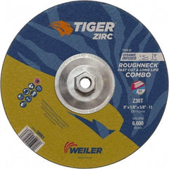 Weiler - 30 Grit, 9" Wheel Diam, Type 27 Depressed Center Wheel - Hard Grade, Zirconia Alumina, T Hardness, 6,600 Max RPM - Exact Tool & Supply