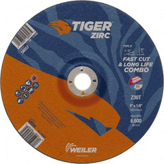 Weiler - 30 Grit, 9" Wheel Diam, 7/8" Arbor Hole, Type 27 Depressed Center Wheel - Hard Grade, Zirconia Alumina, T Hardness, 6,600 Max RPM - Exact Tool & Supply