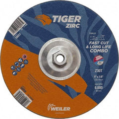 Weiler - 30 Grit, 9" Wheel Diam, Type 27 Depressed Center Wheel - Hard Grade, Zirconia Alumina, T Hardness, 6,600 Max RPM - Exact Tool & Supply