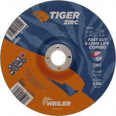 Weiler - 30 Grit, 7" Wheel Diam, 7/8" Arbor Hole, Type 27 Depressed Center Wheel - Hard Grade, Zirconia Alumina, T Hardness, 8,500 Max RPM - Exact Tool & Supply