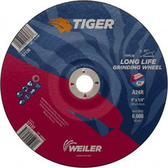 Weiler - 24 Grit, 9" Wheel Diam, 7/8" Arbor Hole, Type 28 Depressed Center Wheel - Medium Grade, Aluminum Oxide, R Hardness, 6,600 Max RPM - Exact Tool & Supply