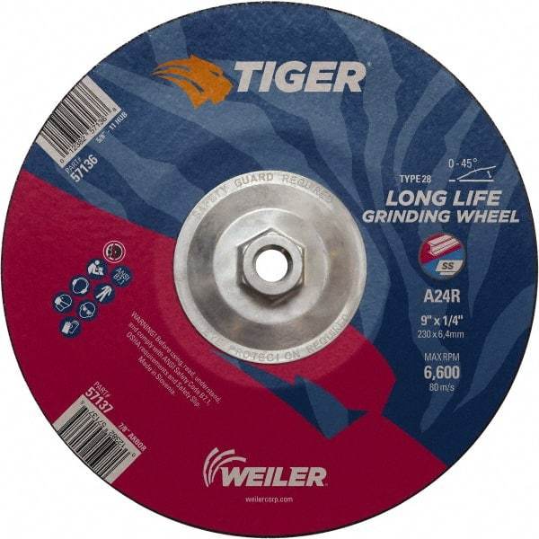 Weiler - 24 Grit, 9" Wheel Diam, Type 28 Depressed Center Wheel - Medium Grade, Aluminum Oxide, R Hardness, 6,600 Max RPM - Exact Tool & Supply
