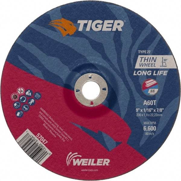 Weiler - 60 Grit, 9" Wheel Diam, 7/8" Arbor Hole, Type 27 Depressed Center Wheel - Hard Grade, Aluminum Oxide, T Hardness, 6,600 Max RPM - Exact Tool & Supply