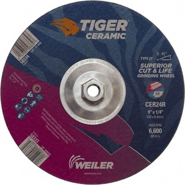 Weiler - 24 Grit, 9" Wheel Diam, Type 27 Depressed Center Wheel - Medium Grade, Ceramic, R Hardness, 6,600 Max RPM - Exact Tool & Supply