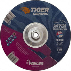 Weiler - 24 Grit, 9" Wheel Diam, Type 27 Depressed Center Wheel - Medium Grade, Ceramic, R Hardness, 6,600 Max RPM - Exact Tool & Supply