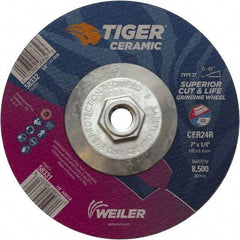 Weiler - 24 Grit, 7" Wheel Diam, Type 27 Depressed Center Wheel - Medium Grade, Ceramic, R Hardness, 8,500 Max RPM - Exact Tool & Supply