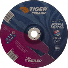 Weiler - 24 Grit, 9" Wheel Diam, 7/8" Arbor Hole, Type 27 Depressed Center Wheel - Medium Grade, Ceramic, R Hardness, 6,600 Max RPM - Exact Tool & Supply