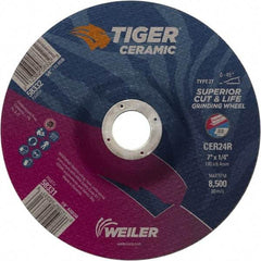 Weiler - 24 Grit, 7" Wheel Diam, 7/8" Arbor Hole, Type 27 Depressed Center Wheel - Medium Grade, Ceramic, R Hardness, 8,500 Max RPM - Exact Tool & Supply