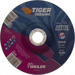 Weiler - 24 Grit, 6" Wheel Diam, 7/8" Arbor Hole, Type 27 Depressed Center Wheel - Medium Grade, Ceramic, R Hardness, 10,200 Max RPM - Exact Tool & Supply