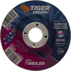 Weiler - 24 Grit, 4-1/2" Wheel Diam, 7/8" Arbor Hole, Type 27 Depressed Center Wheel - Medium Grade, Ceramic, R Hardness, 13,300 Max RPM - Exact Tool & Supply