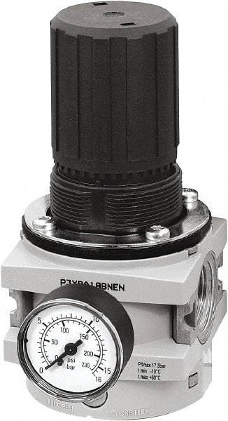 Parker - 1 NPT Port, 550 CFM, Aluminum Hi-Flow Regulator - 0 to 232 psi Range, 254 Max psi Supply Pressure, 1/4" Gauge Port Thread, 3-1/2" Wide x 7.2" High - Exact Tool & Supply