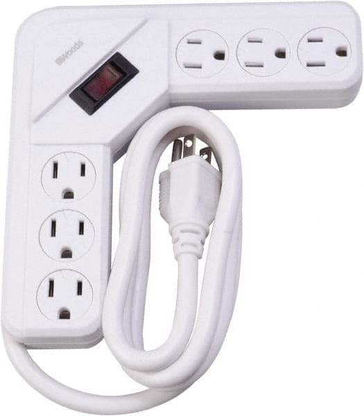 Woods PRO - 6 Outlets, 125 Volts, 15 Amps, 4' Cord, Power Outlet Strip - Keyhole Mount, 5-15 NEMA Configuration, 6-1/2" Strip, cULus - Exact Tool & Supply