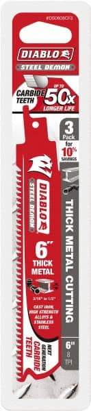 Freud - 6" Long x 1" Thick, Carbide Reciprocating Saw Blade - Straight Profile, 8 TPI, Toothed Edge, Tang Shank - Exact Tool & Supply