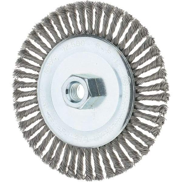 Tru-Maxx - 6" OD, 5/8-11 Arbor Hole, Stringer Bead Steel Wheel Brush - 3/16" Face Width, 1-1/8" Trim Length, 0.02" Filament Diam, 12,500 RPM - Exact Tool & Supply