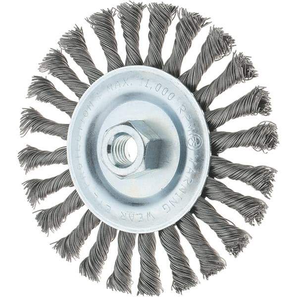 Tru-Maxx - 6" OD, 5/8-11 Arbor Hole, Knotted Steel Wheel Brush - 1/2" Face Width, 1-3/8" Trim Length, 0.02" Filament Diam, 12,500 RPM - Exact Tool & Supply
