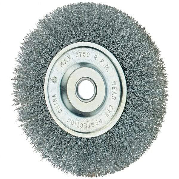Tru-Maxx - 6" OD, 1/2" Arbor Hole, Crimped Steel Wheel Brush - 3/4" Face Width, 1-1/4" Trim Length, 0.014" Filament Diam, 6,000 RPM - Exact Tool & Supply