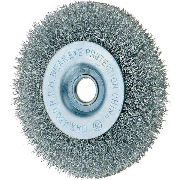 Tru-Maxx - 4" OD, 1/2" Arbor Hole, Crimped Steel Wheel Brush - 1/2" Face Width, 3/4" Trim Length, 0.014" Filament Diam, 6,000 RPM - Exact Tool & Supply
