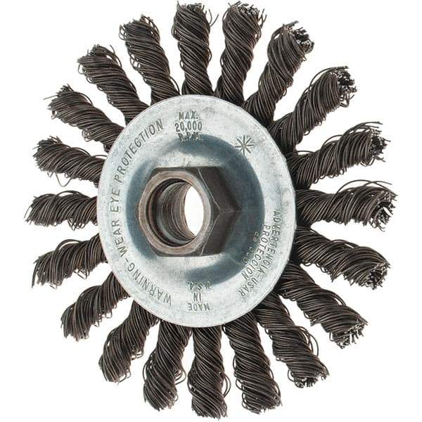 Tru-Maxx - 4" OD, 5/8-11 Arbor Hole, Knotted Steel Wheel Brush - 1/4" Face Width, 7/8" Trim Length, 0.02" Filament Diam, 20,000 RPM - Exact Tool & Supply