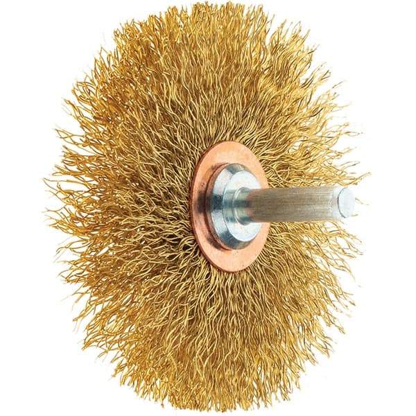 Tru-Maxx - 3" OD, 1/4" Shank Diam, Crimped Brass Wheel Brush - 1/2" Face Width, 1" Trim Length, 0.0118" Filament Diam, 20,000 RPM - Exact Tool & Supply