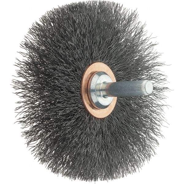 Tru-Maxx - 3" OD, 1/4" Shank Diam, Crimped Steel Wheel Brush - 1/2" Face Width, 1" Trim Length, 0.008" Filament Diam, 12,500 RPM - Exact Tool & Supply