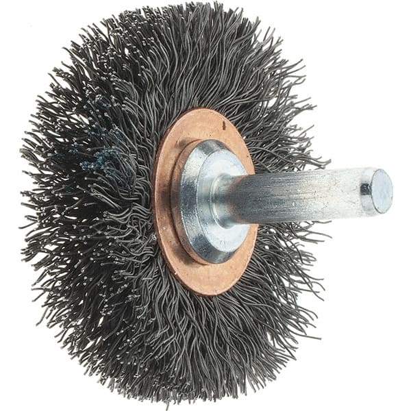 Tru-Maxx - 2" OD, 1/4" Shank Diam, Crimped Steel Wheel Brush - 3/8" Face Width, 1/2" Trim Length, 0.0118" Filament Diam, 20,000 RPM - Exact Tool & Supply