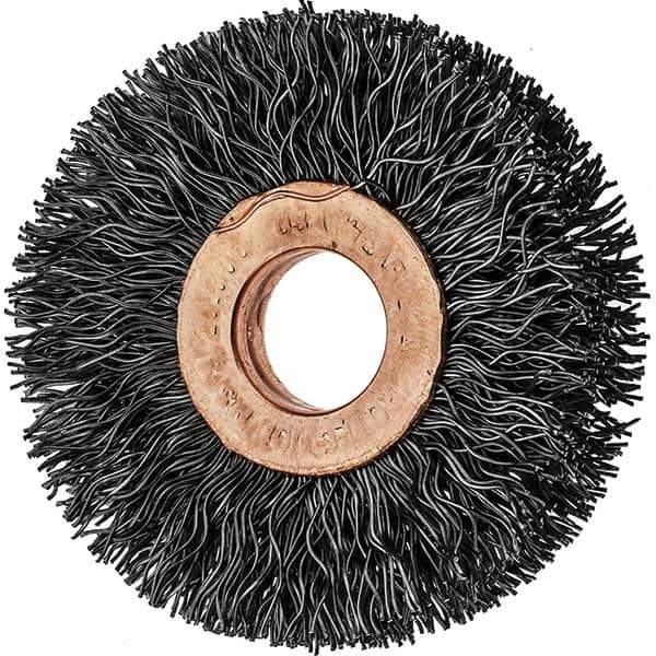 Tru-Maxx - 2" OD, 1/2" Arbor Hole, Crimped Steel Wheel Brush - 3/8" Face Width, 1/2" Trim Length, 0.014" Filament Diam, 20,000 RPM - Exact Tool & Supply