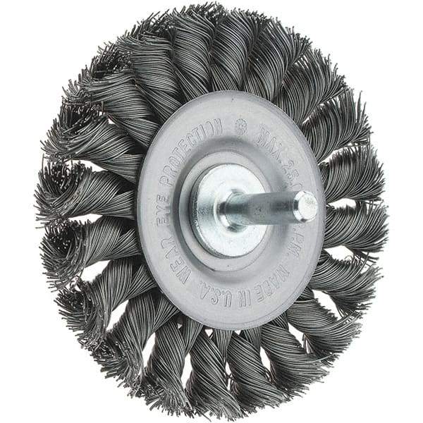 Tru-Maxx - 3-1/4" OD, 1/4" Shank Diam, Knotted Steel Wheel Brush - 3/8" Face Width, 5/8" Trim Length, 0.014" Filament Diam, 25,000 RPM - Exact Tool & Supply