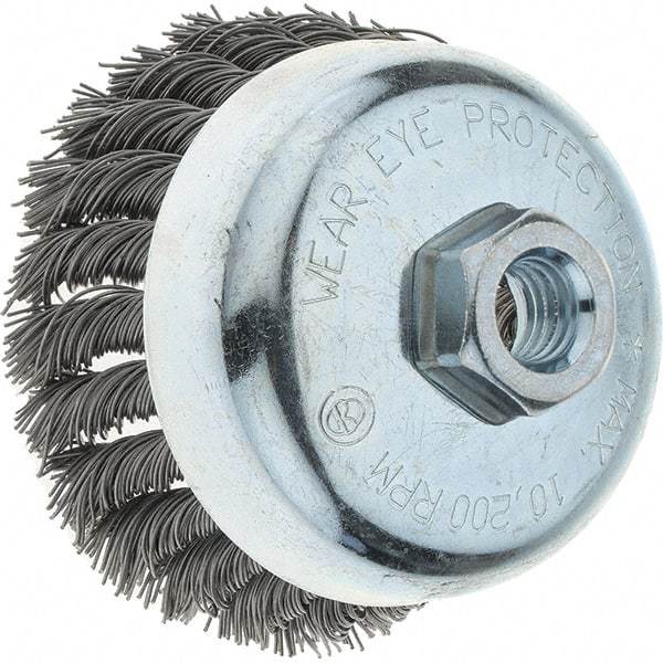Tru-Maxx - 4" Diam, 5/8-11 Threaded Arbor, Steel Fill Cup Brush - 0.023 Wire Diam, 1-1/4" Trim Length, 10,200 Max RPM - Exact Tool & Supply
