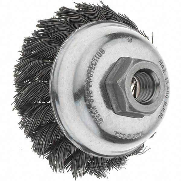 Tru-Maxx - 3-1/2" Diam, 5/8-11 Threaded Arbor, Steel Fill Cup Brush - 0.023 Wire Diam, 7/8" Trim Length, 13,000 Max RPM - Exact Tool & Supply