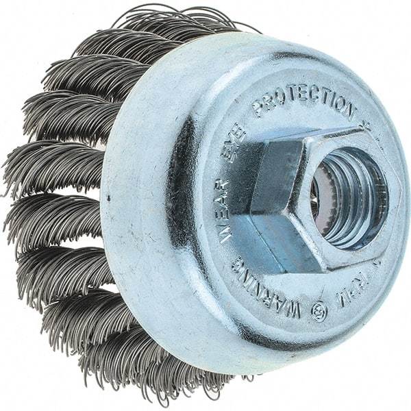 Tru-Maxx - 2-3/4" Diam, 5/8-11 Threaded Arbor, Steel Fill Cup Brush - 0.014 Wire Diam, 1" Trim Length, 14,000 Max RPM - Exact Tool & Supply