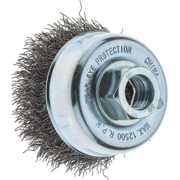 Tru-Maxx - 3" Diam, 5/8-11 Threaded Arbor, Steel Fill Cup Brush - 0.014 Wire Diam, 1" Trim Length, 14,000 Max RPM - Exact Tool & Supply