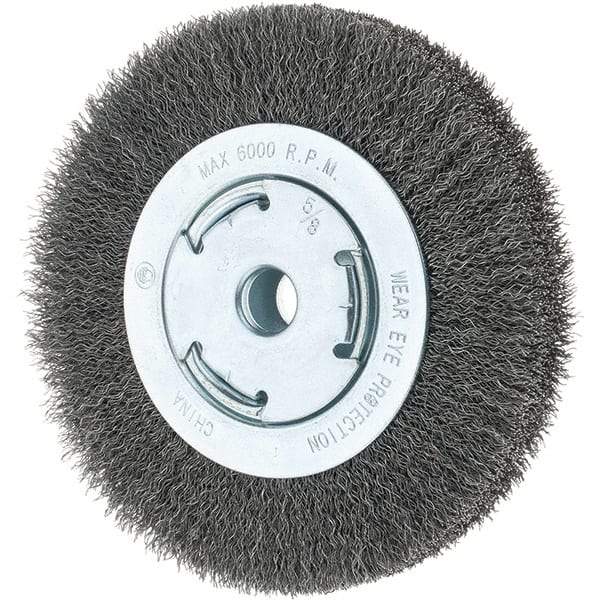 Tru-Maxx - 6" OD, 5/8-11 Arbor Hole, Crimped Steel Wheel Brush - 7/8" Face Width, 1-1/8" Trim Length, 0.014" Filament Diam, 6,000 RPM - Exact Tool & Supply