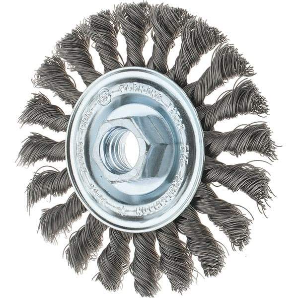 Tru-Maxx - 4" OD, 5/8-11 Arbor Hole, Knotted Steel Wheel Brush - 1/2" Face Width, 7/8" Trim Length, 0.014" Filament Diam, 20,000 RPM - Exact Tool & Supply