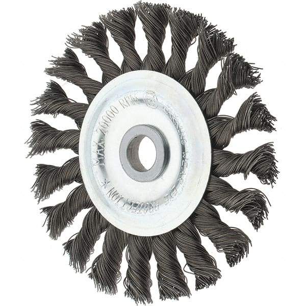 Tru-Maxx - 4" OD, 1/2" Arbor Hole, Knotted Steel Wheel Brush - 5/8" Face Width, 7/8" Trim Length, 0.014" Filament Diam, 20,000 RPM - Exact Tool & Supply