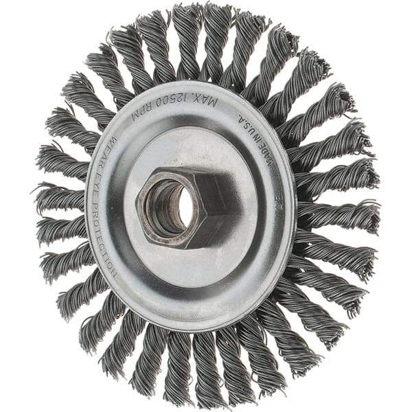 Tru-Maxx - 4-1/2" OD, 5/8-11 Arbor Hole, Stringer Bead Steel Wheel Brush - 3/16" Face Width, 13/16" Trim Length, 0.02" Filament Diam, 12,500 RPM - Exact Tool & Supply
