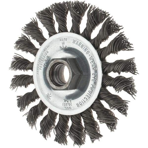 Tru-Maxx - 4" OD, 5/8-11 Arbor Hole, Knotted Steel Wheel Brush - 1/2" Face Width, 7/8" Trim Length, 0.02" Filament Diam, 20,000 RPM - Exact Tool & Supply