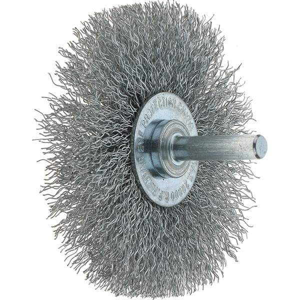 Tru-Maxx - 3" OD, 1/4" Shank Diam, Crimped Steel Wheel Brush - 1/2" Face Width, 13/16" Trim Length, 0.014" Filament Diam, 20,000 RPM - Exact Tool & Supply
