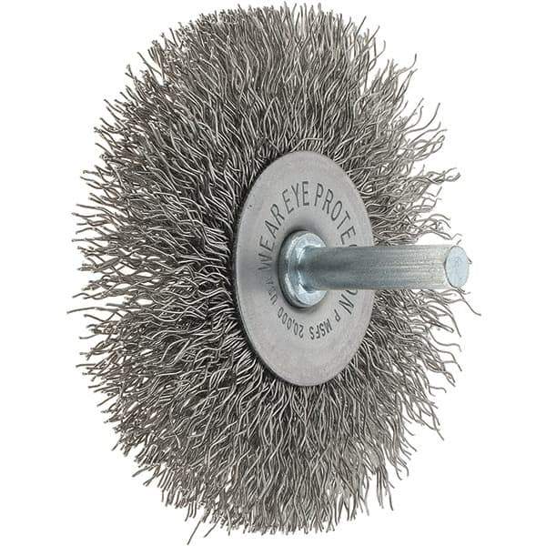 Tru-Maxx - 3" OD, 1/4" Shank Diam, Crimped Stainless Steel Wheel Brush - 1/2" Face Width, 13/16" Trim Length, 0.014" Filament Diam, 20,000 RPM - Exact Tool & Supply