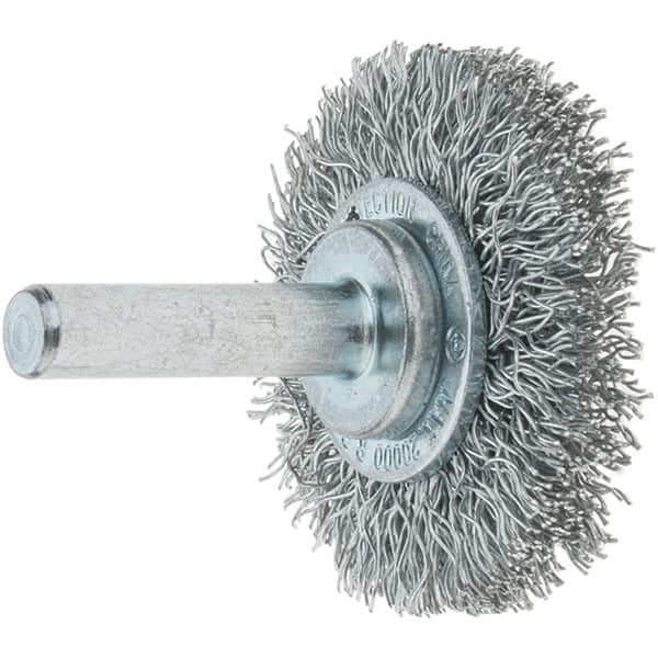 Tru-Maxx - 1-1/2" OD, 1/4" Shank Diam, Crimped Steel Wheel Brush - 1/4" Face Width, 3/8" Trim Length, 0.0118" Filament Diam, 20,000 RPM - Exact Tool & Supply