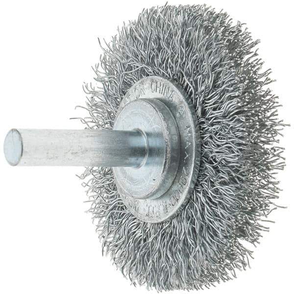 Tru-Maxx - 2" OD, 1/4" Shank Diam, Crimped Steel Wheel Brush - 3/8" Face Width, 7/16" Trim Length, 0.014" Filament Diam, 20,000 RPM - Exact Tool & Supply