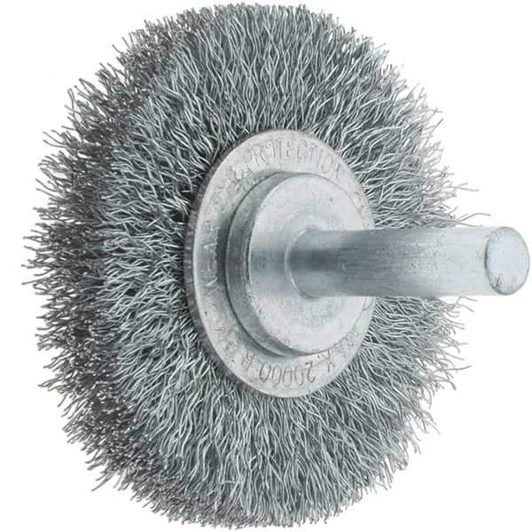 Tru-Maxx - 2" OD, 1/4" Shank Diam, Crimped Steel Wheel Brush - 3/8" Face Width, 7/16" Trim Length, 0.008" Filament Diam, 20,000 RPM - Exact Tool & Supply
