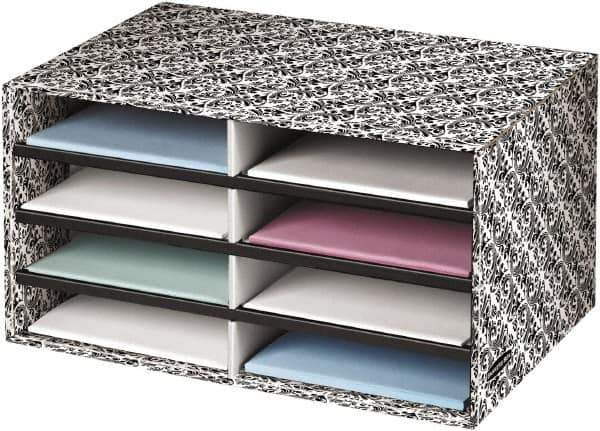 BANKERS BOX - 8 Compartments, 19-1/2" Wide x 10-1/4" High x 12-3/8" Deep, Literature Organizer - Corrugated Cardboard, White/Black - Exact Tool & Supply